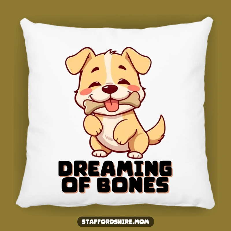 Funny Dog Pillow: Broad-chested pup wiggling with bone, comfy and humorous decor gift.