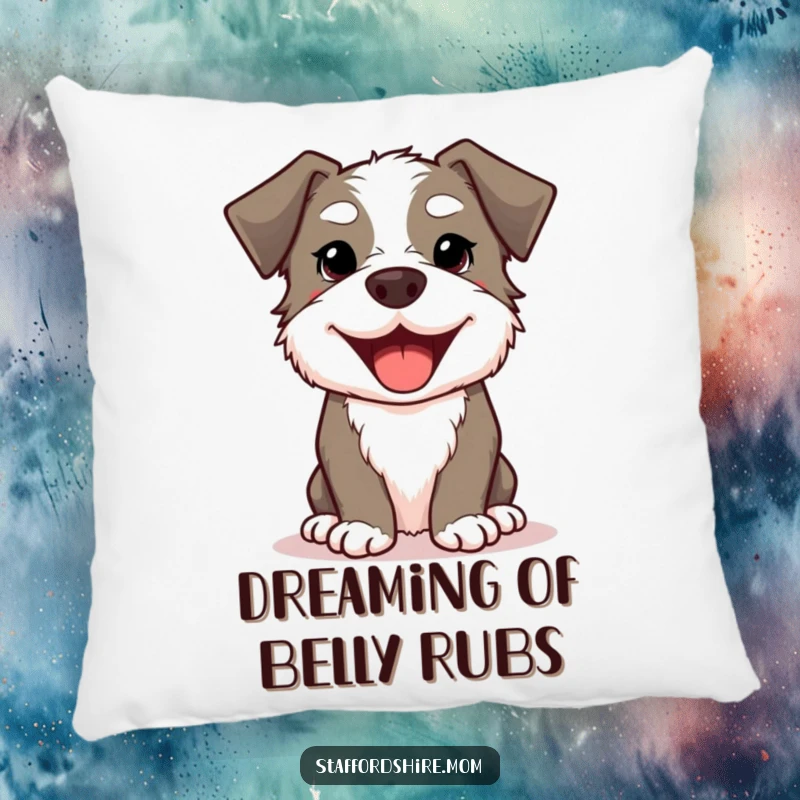 Funny Kawaii Staffordshire Dog Pillow featuring a cute, smiling dog with a wide, happy doggy grin, soft and huggable.