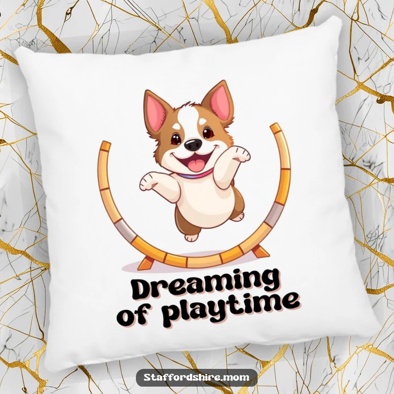 Funny playful Staffordshire dog pillow, jumping through a hoop, soft and energetic decorative cushion.