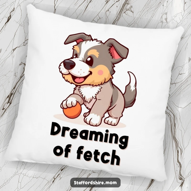 Funny Staffordshire pillow, dog playing fetch, wagging tail, cozy home decor, humorous cushion, delightful funny gift.