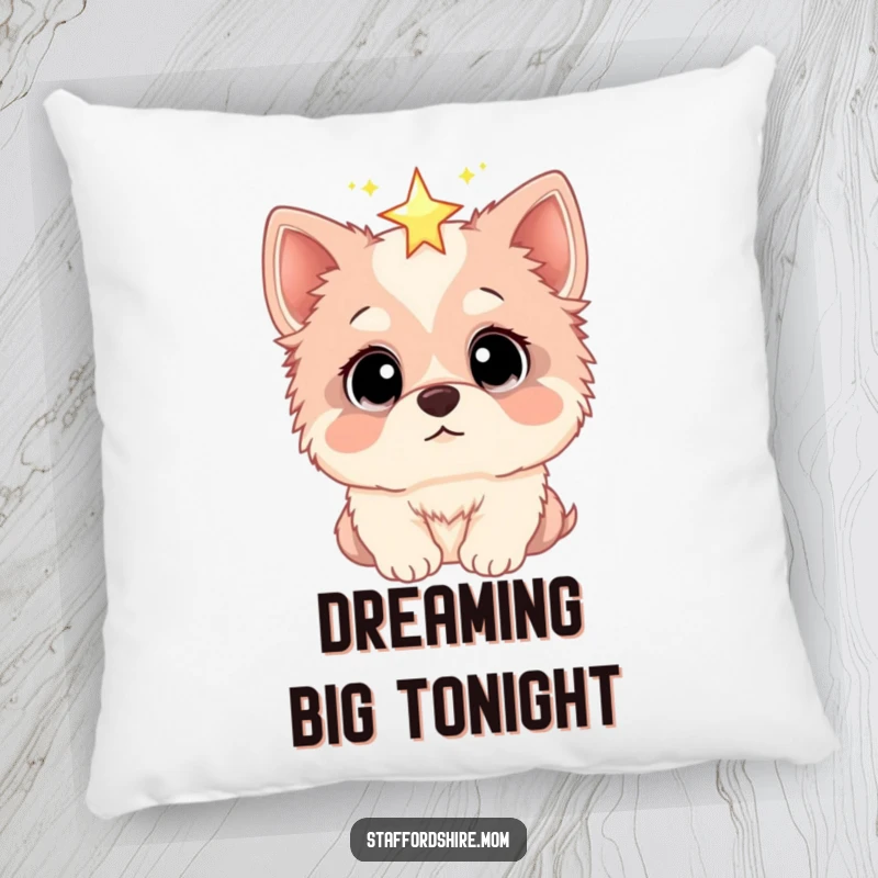 Funny pillow featuring a Staffordshire dog with wide, mesmerized eyes looking up at a twinkling star, bringing a sense of wonder to any room.