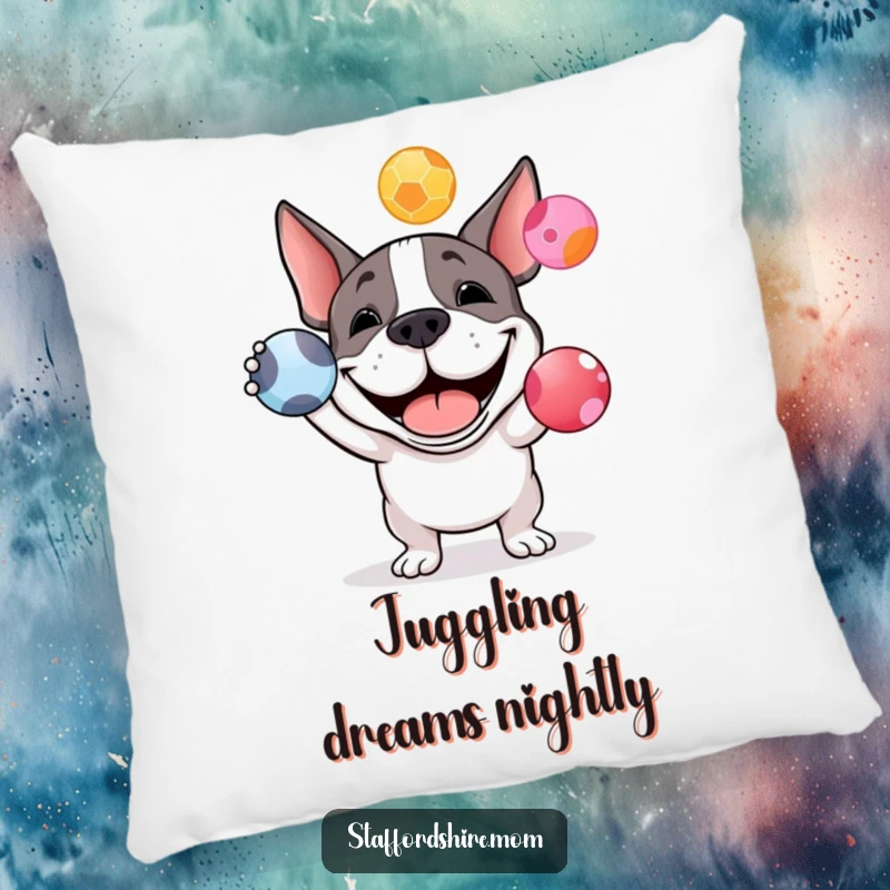 Funny Staffy bull terrier pillow showcasing a happy dog grinning and juggling colorful balls, designed for cozy comfort and humor.