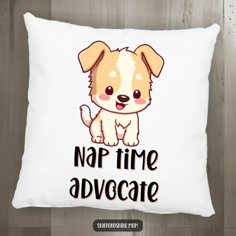 Funny Kawaii Staffordshire Pillow: A plush cushion featuring a happy dog with floppy ears wagging its tail, perfect for snuggling.