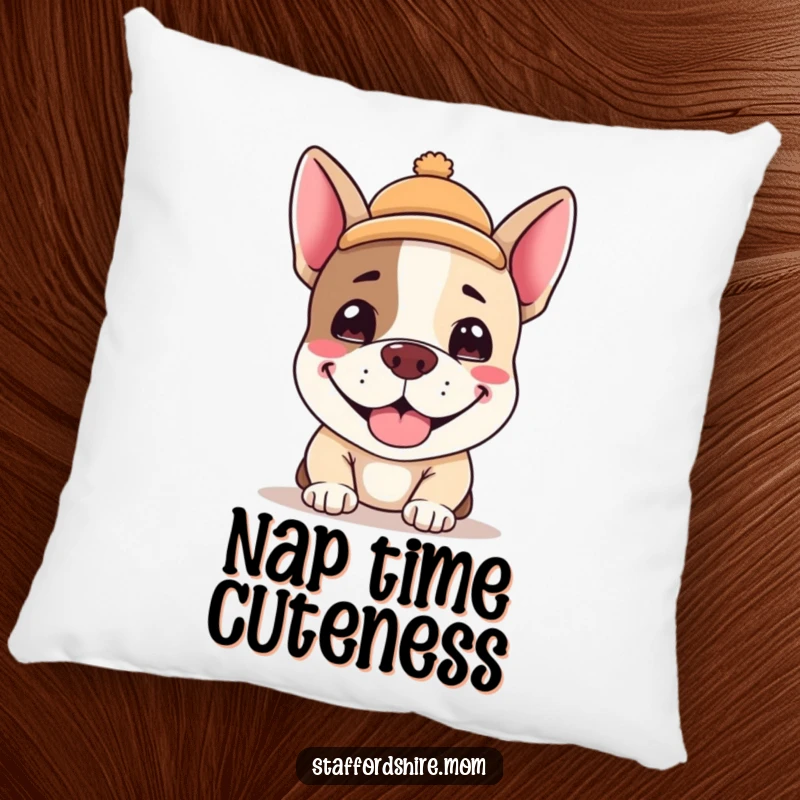 Funny Kawaii Staffordshire terrier pillow, an adorable dog with a silly grin and a tiny hat, perfect for comfort and as a funny gift.