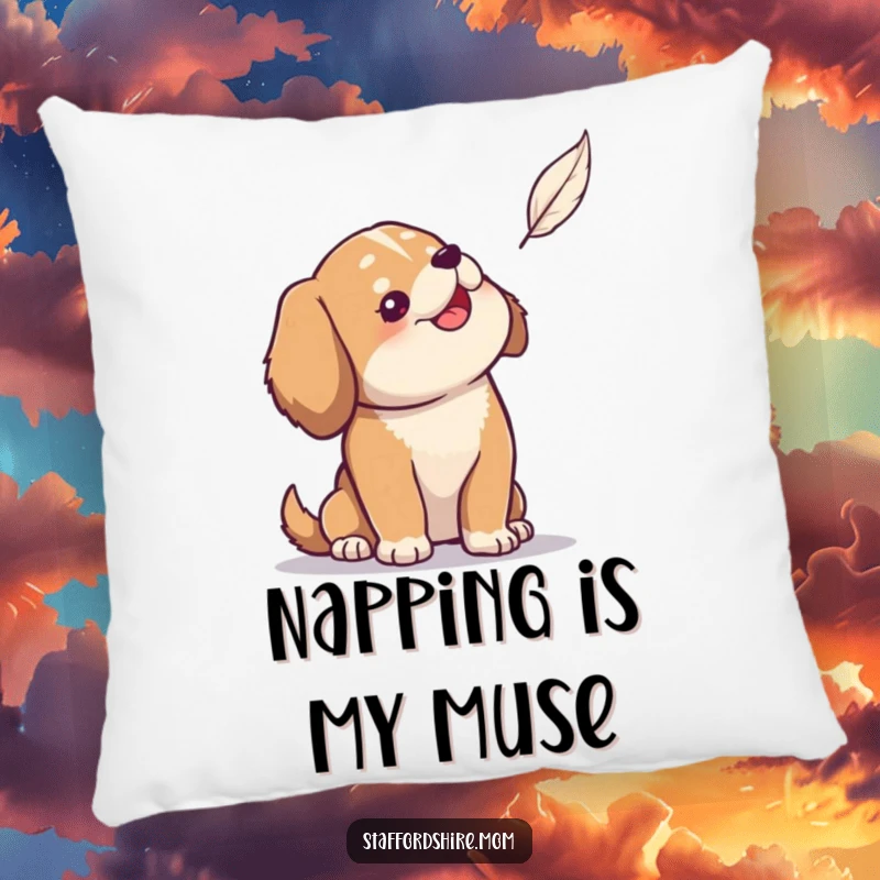 Funny pillow featuring a solid build dog gazing up with gentle amusement at a single floating feather.