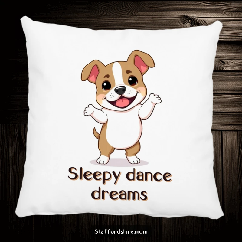 Funny Staffordshire Bull Terrier pillow featuring a dog in a lively, comical dance with floppy ears, offering comfort and a good laugh.