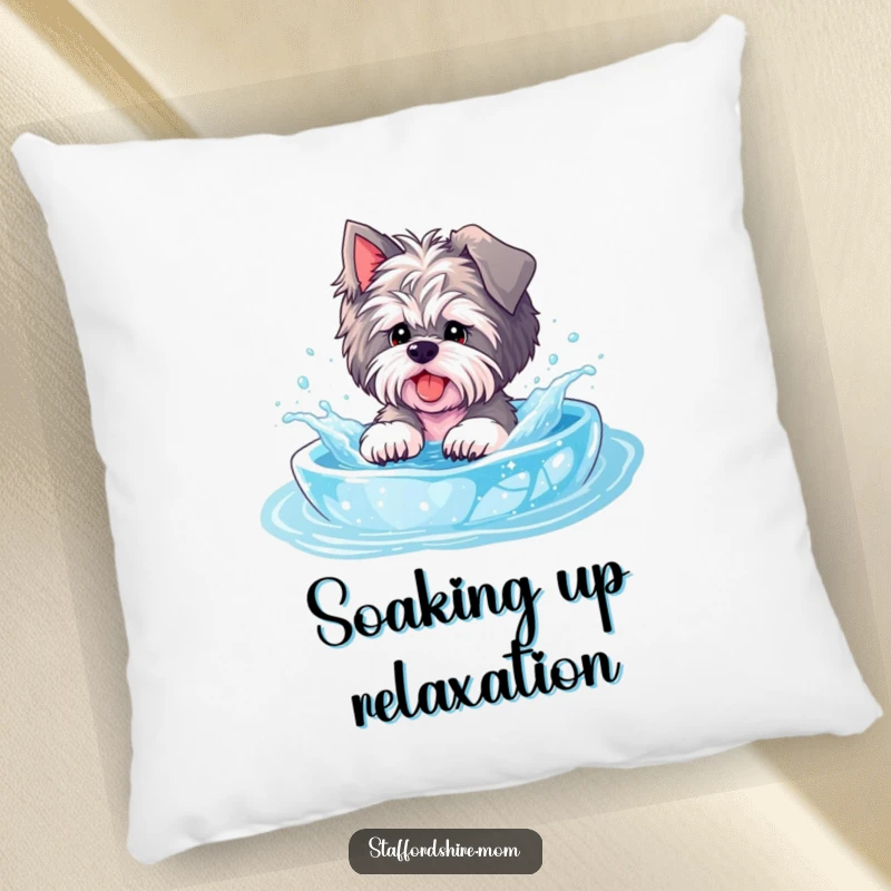 Funny Staffordshire pillow, a dog splashes in a pool, offering playful comfort and bubbly charm.