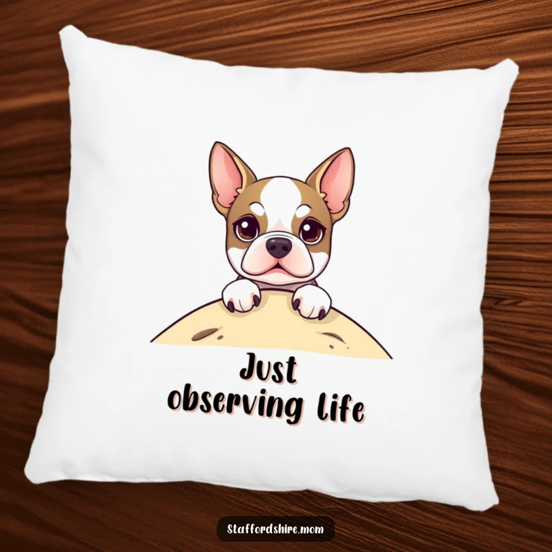 Funny Pillow featuring a cute Staffordshire Terrier peeking over a hill, soft and comforting, perfect for adding a touch of joy.