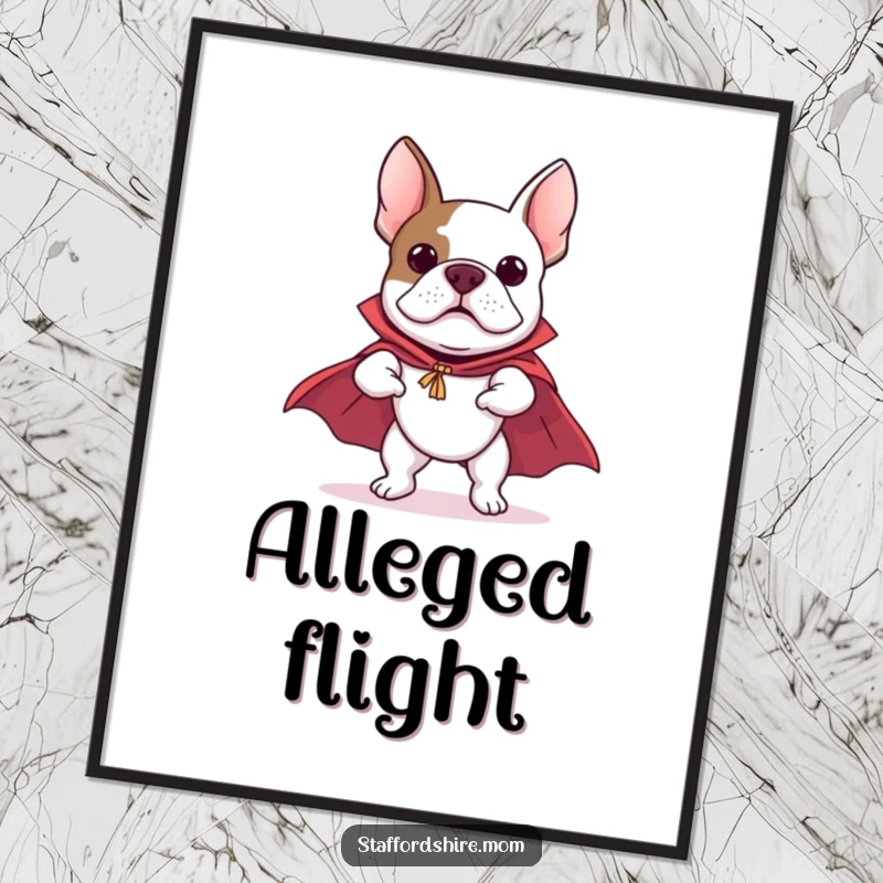 Funny Staffordshire Bull Terrier digital art print of a dog in a cape, comically pretending to fly, adding heroic and humorous wall art.