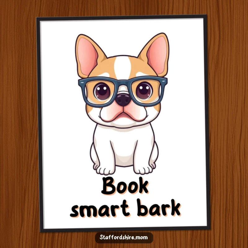 Funny Staffordshire terrier wearing oversized glasses, looking curiously intellectual, a smart and humorous digital artwork.
