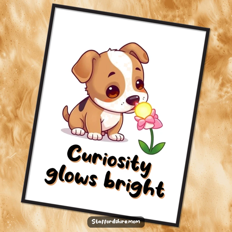 Funny curious Staffordshire dog digital art print, sniffing a glowing flower, whimsical and downloadable.