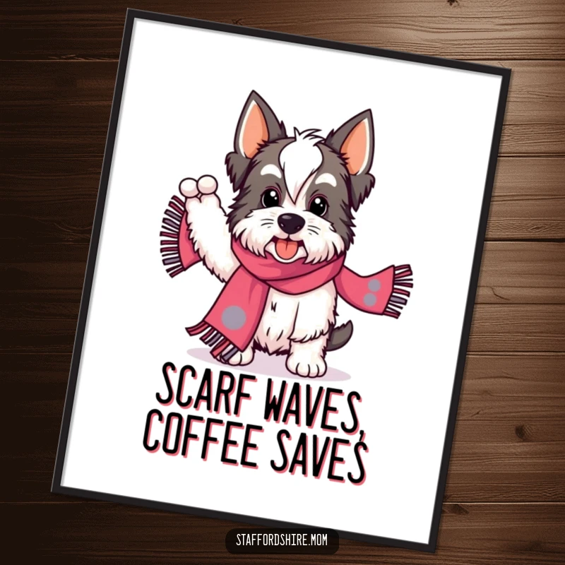 Digital art print of a funny Staffordshire enthusiastically waving a brightly patterned scarf, full of energy and zest.