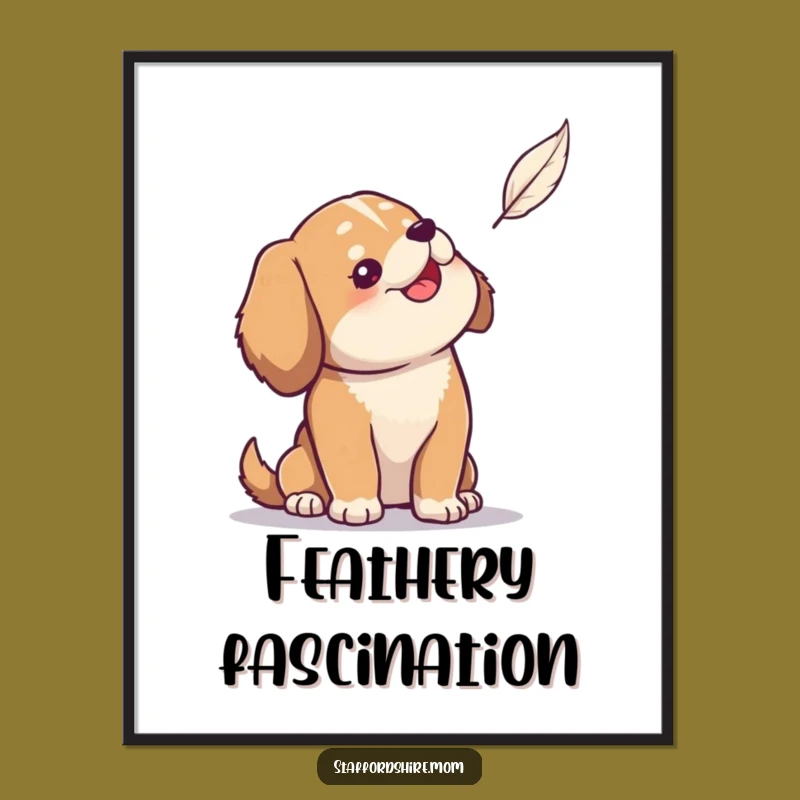 Funny Dog Digital Art: Solid build dog amused by feather, printable humor, great gift.