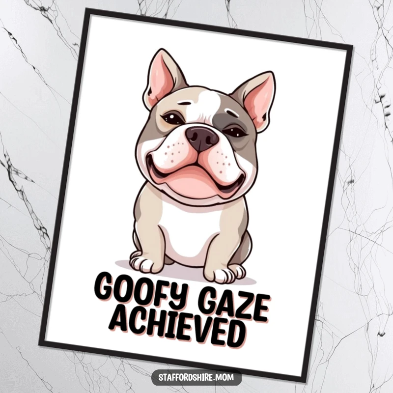 Funny Staffy digital art print of a Staffordshire Bull Terrier making a silly cross-eyed face, ready to frame.