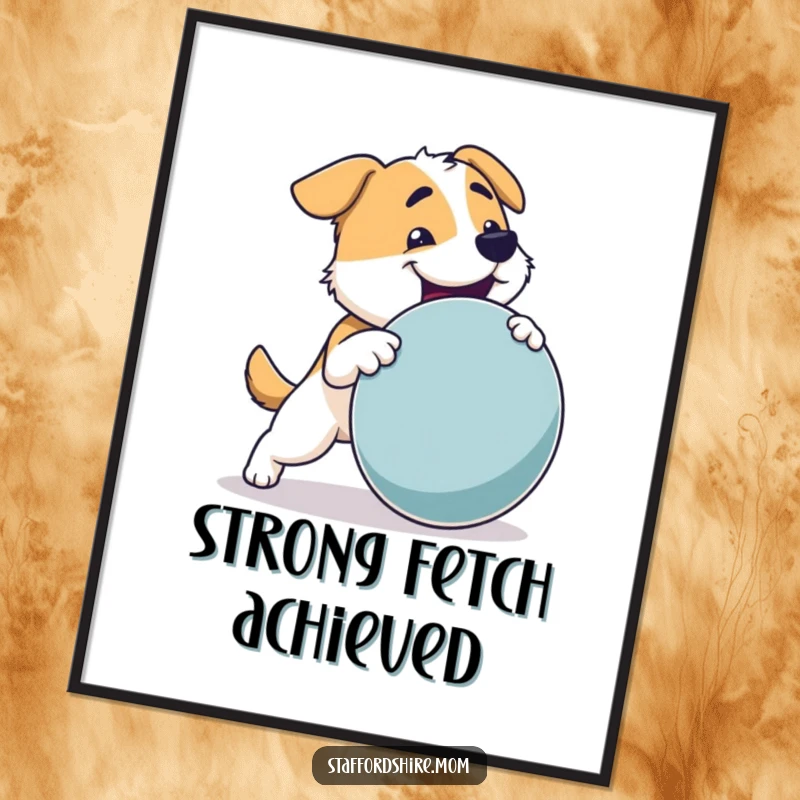 Funny Dog Digital Art Print: A sturdy dog with a strong build joyfully fetching a large toy, full of playful spirit.