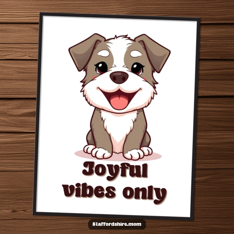 Funny Kawaii Staffordshire Dog Digital Art Print featuring a cute, smiling dog with a wide, happy doggy grin, printable art.