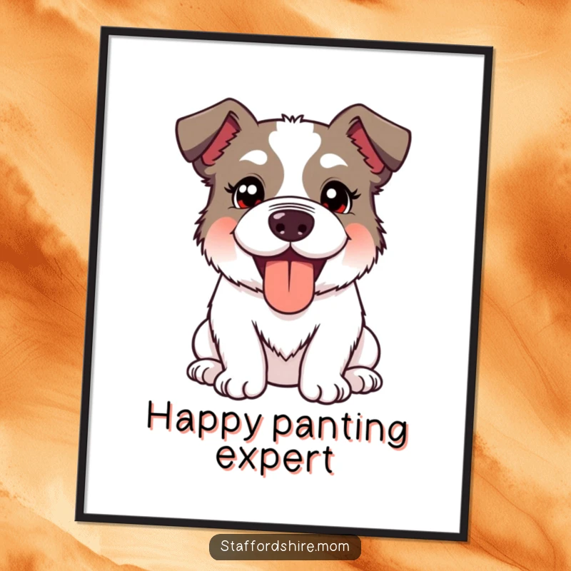 Funny Kawaii Staffordshire Dog Digital Art Print showing a cute dog with a silly, happy expression and panting tongue out, printable art.