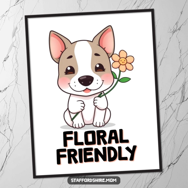 Funny, kawaii Staffordshire terrier offering a flower with a gentle smile, a sweet and humorous digital artwork.