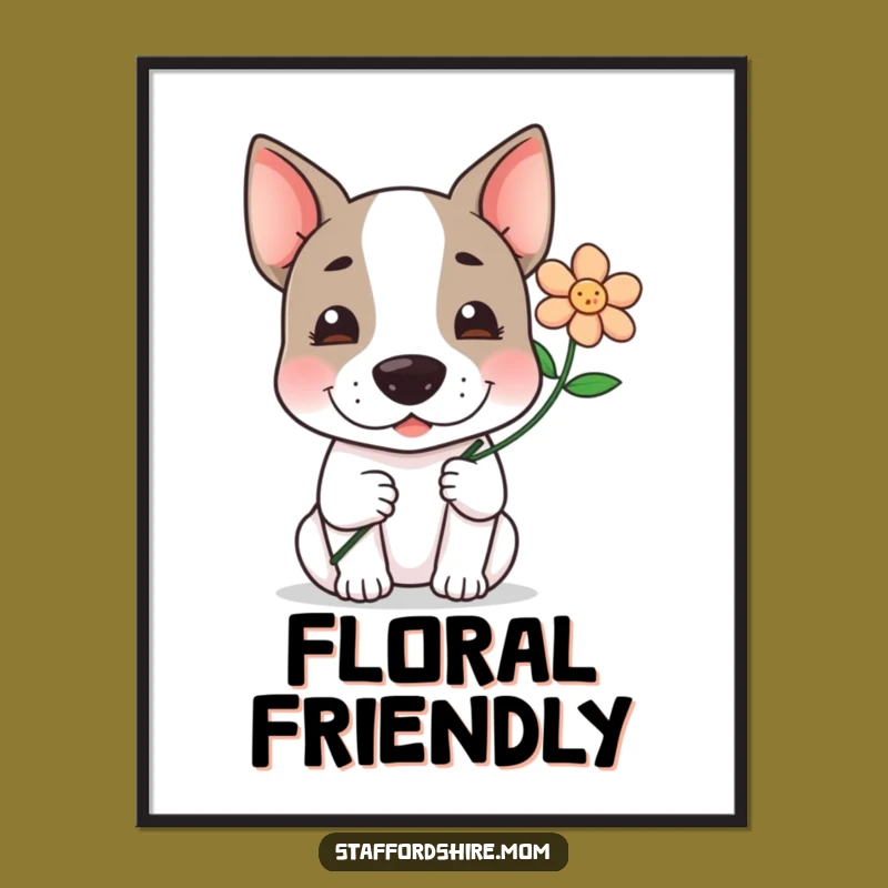 Funny Kawaii Staffy Digital Art: Flower Giver, Instant Sweet Download