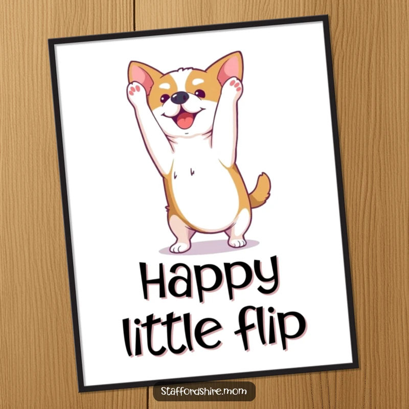 Funny Kawaii Staffordshire dog digital art print of a happy pup performing a joyful little somersault, ready for instant download.