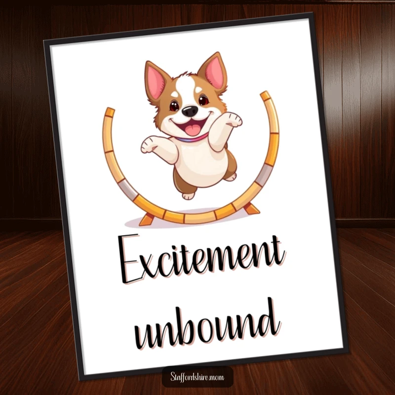 Funny playful Staffordshire dog digital art print, jumping through a hoop, energetic and downloadable.