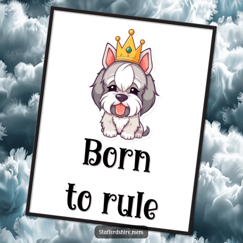 Funny Royal Staffordshire Digital Art: A digital illustration of a crowned dog humorously bowing its head, exuding playful majesty.
