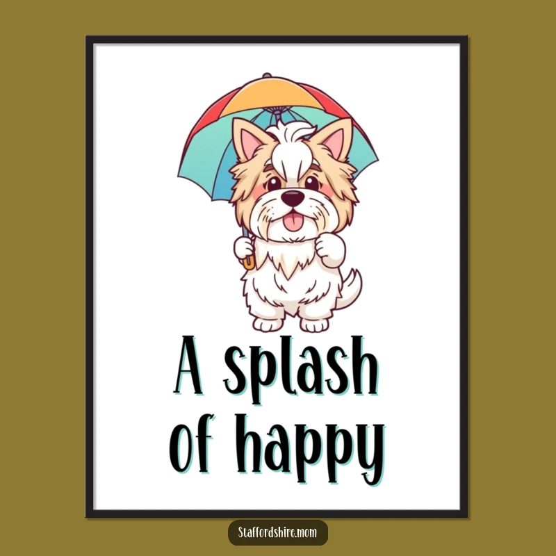 Funny Staffordshire Digital Art: Wave Hello, Rainbow Umbrella, Instant Download