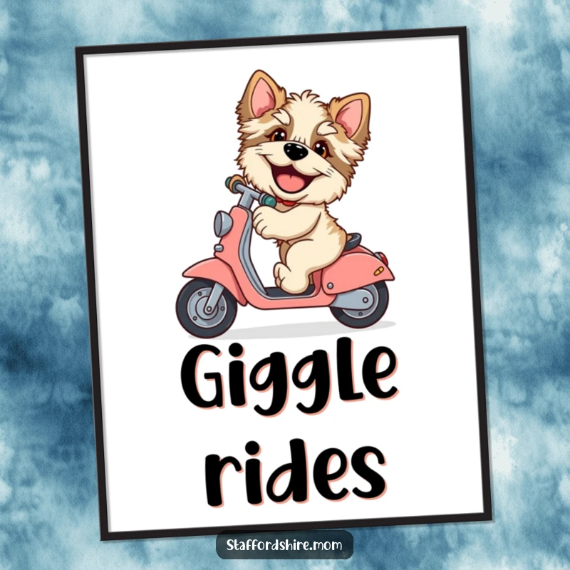 Funny Staffordshire digital art, giggling dog, riding scooter, large paws, humorous printable decor, instant download, perfect funny gift.