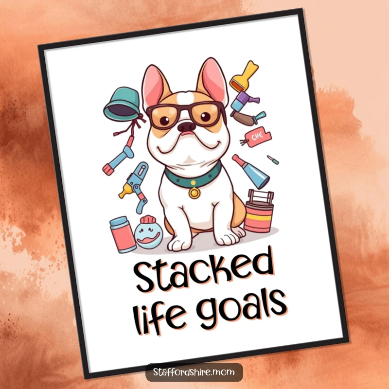 Funny Staffy digital art print of a Staffordshire Bull Terrier balancing many items, ready to frame.