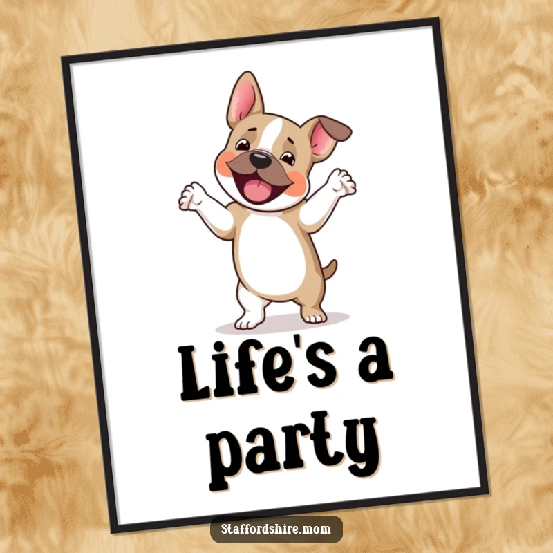 Funny Staffordshire terrier digital art print, a dog happily dancing with paws lifted, perfect for instant decor and a funny gift.