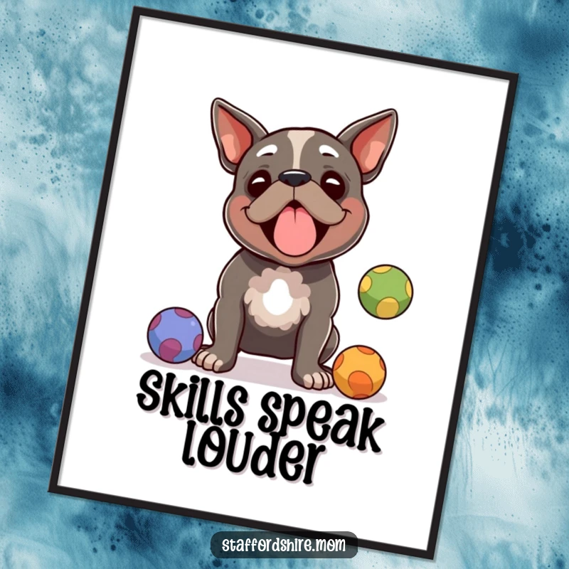 Funny Staffordshire terrier digital art print, a dog juggling balls with focused amusement, perfect for instant decor and a funny gift.