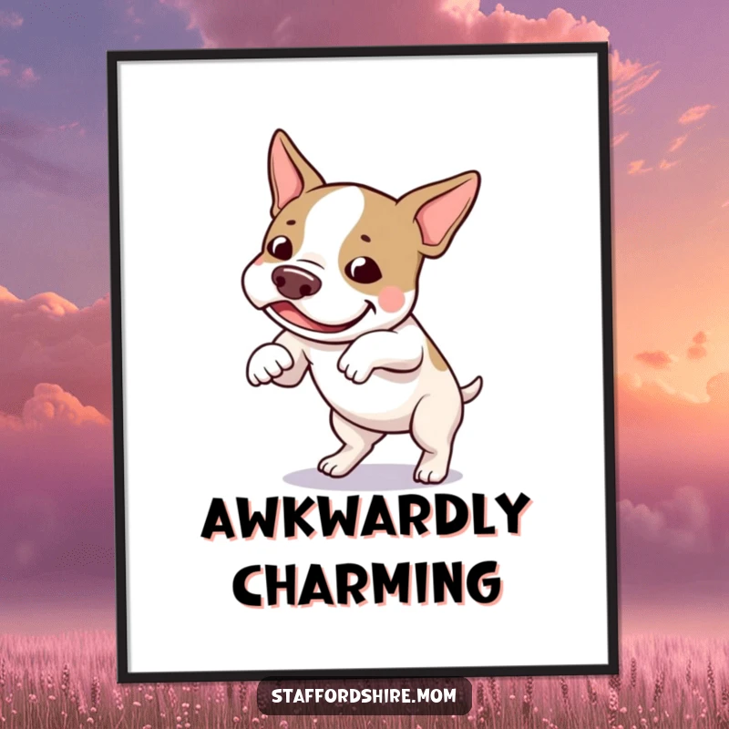 Funny Staffordshire bull terrier digital art print of a dog hilariously tripping over its feet with a thoroughly amused expression.