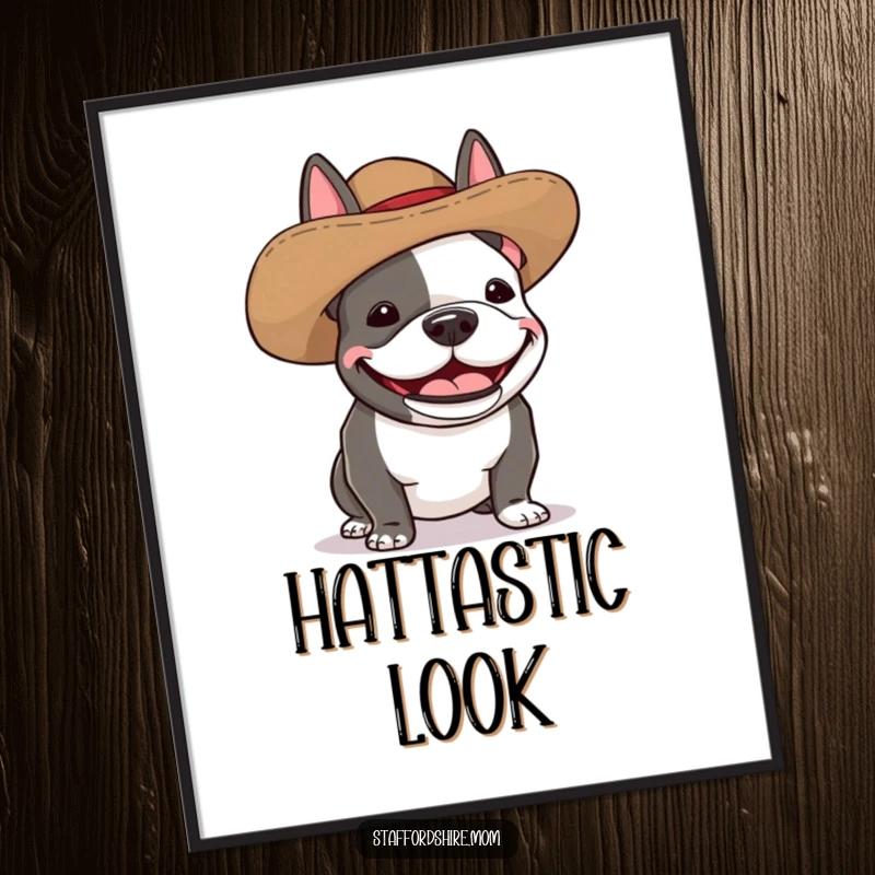 Funny Staffordshire bull terrier digital art print of a dog wearing a silly, oversized hat and giggling with pure delight.