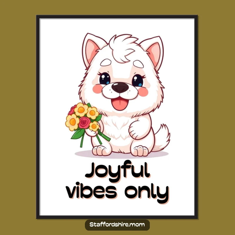 Funny Staffordshire Digital Art: Kawaii Dog with Flowers, Instant Download