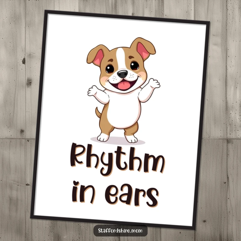 Funny Staffordshire Bull Terrier digital art print of a dog dancing energetically with floppy ears, bringing a humorous and artistic vibe to walls.