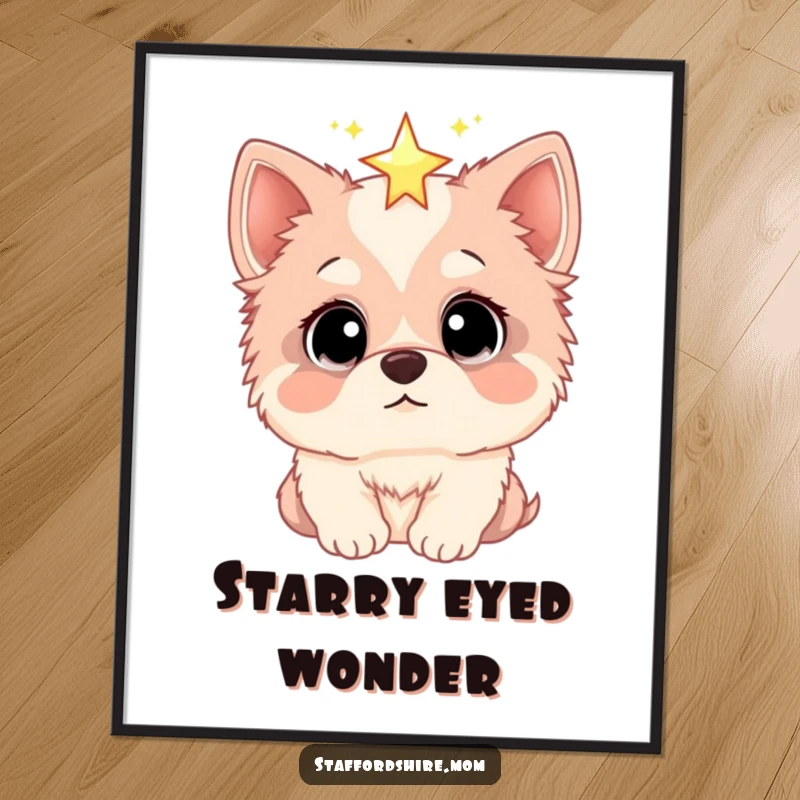 Funny digital art print of a Staffordshire dog with wide, amazed eyes looking up at a sparkling star, perfect for a magical touch.