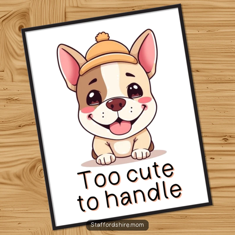 Funny Kawaii Staffordshire terrier digital art print, an adorable dog with a silly grin and a tiny hat, perfect for instant decor and a funny gift.