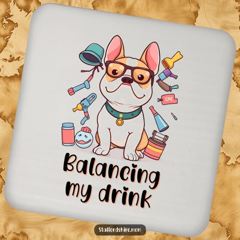 Funny Staffy coaster featuring a Staffordshire Bull Terrier balancing items, protecting surfaces with humor.