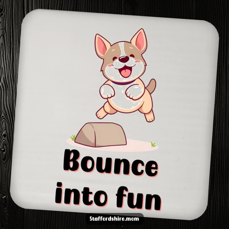 Funny Kawaii Staffordshire Dog Coaster featuring a cute, energetic dog leaping dynamically over a small obstacle, adds fun.