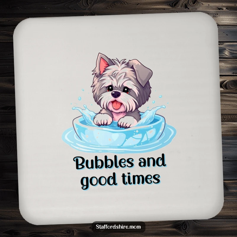 Funny Staffordshire coaster, a dog splashes in a pool, adding playful protection and a touch of effervescence.
