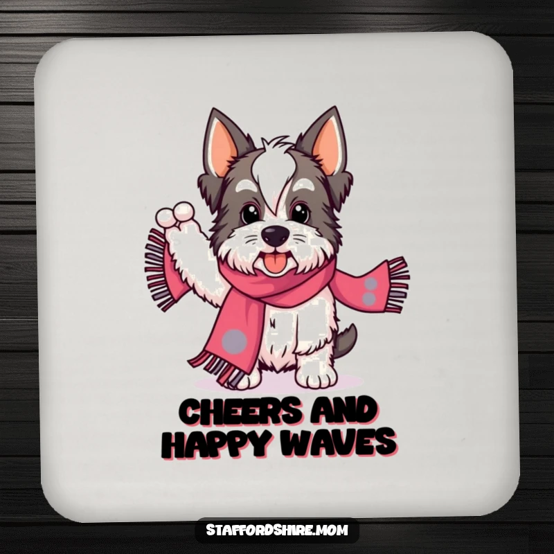 Funny Staffordshire drink coasters with a dog enthusiastically waving a scarf, perfect for adding spirited protection to surfaces.