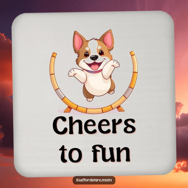 Funny playful Staffordshire dog coaster, jumping through a hoop, energetic and protective table art.