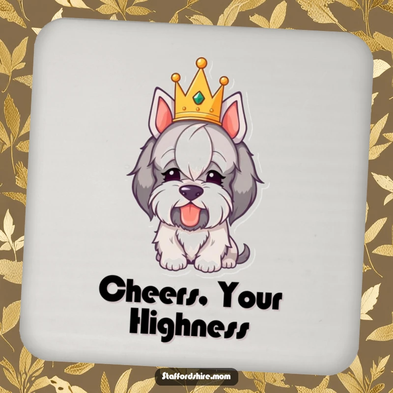 Funny Royal Staffordshire Coaster: Features a crowned dog humorously bowing its head, offering stylish protection for tables.
