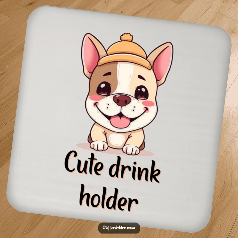 Funny Kawaii Staffordshire terrier coasters, an adorable dog with a silly grin and a tiny hat, protects surfaces and adds humor, great funny gift.