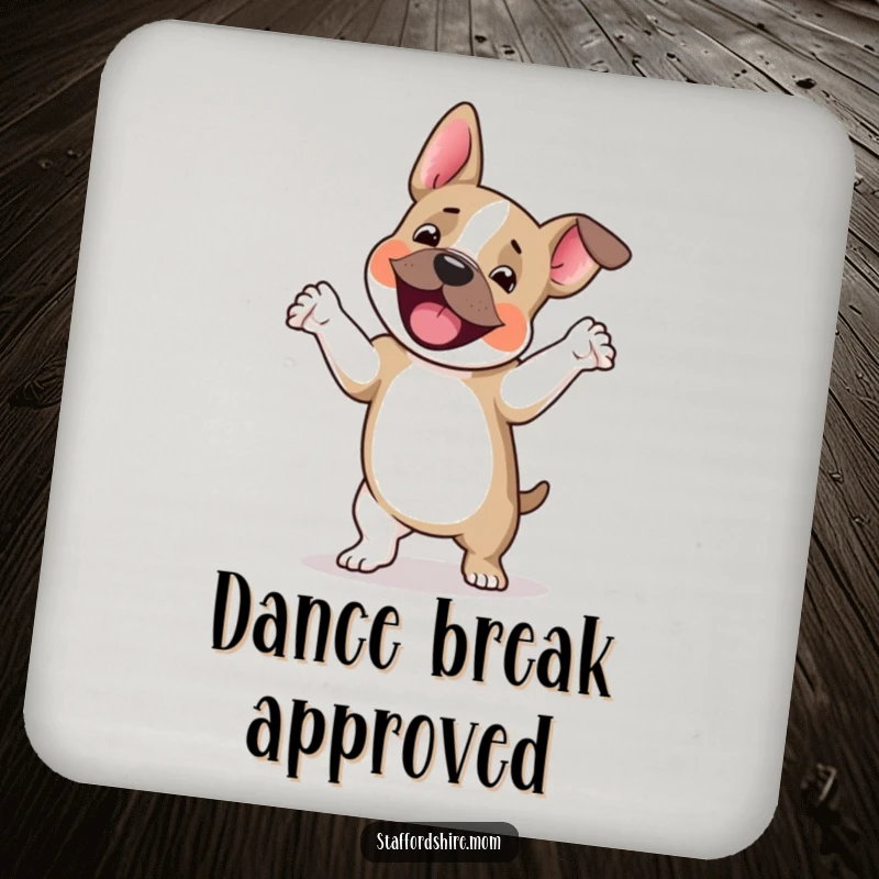 Funny Staffordshire terrier coasters, a dog happily jigging with paws lifted, protects surfaces and adds humor, great funny gift.