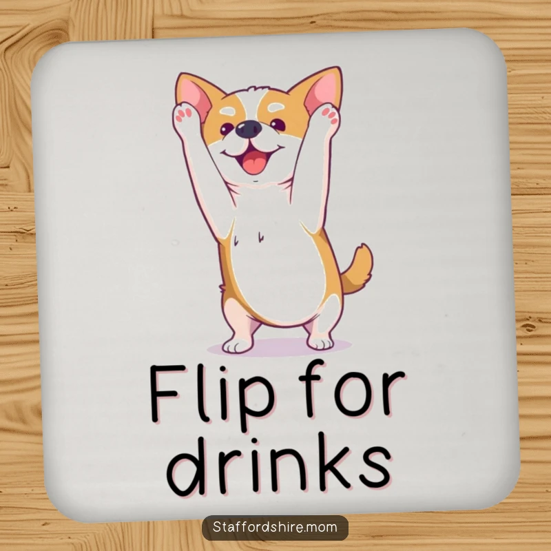 Funny Kawaii Staffordshire dog coaster showcasing a happy pup mid-somersault, perfect for protecting surfaces with playful humor.