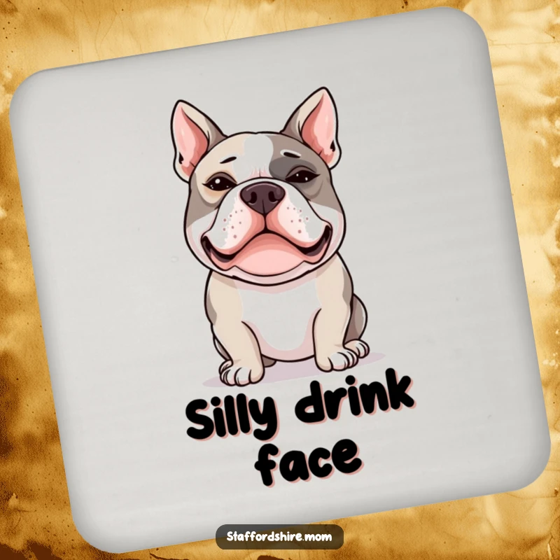 Funny Staffy coaster featuring a Staffordshire Bull Terrier with crossed eyes, protecting surfaces with humor.