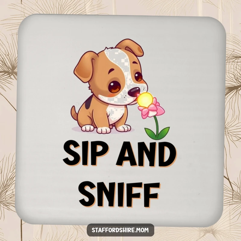 Funny curious Staffordshire dog coaster, sniffing a glowing flower, whimsical and protective table art.
