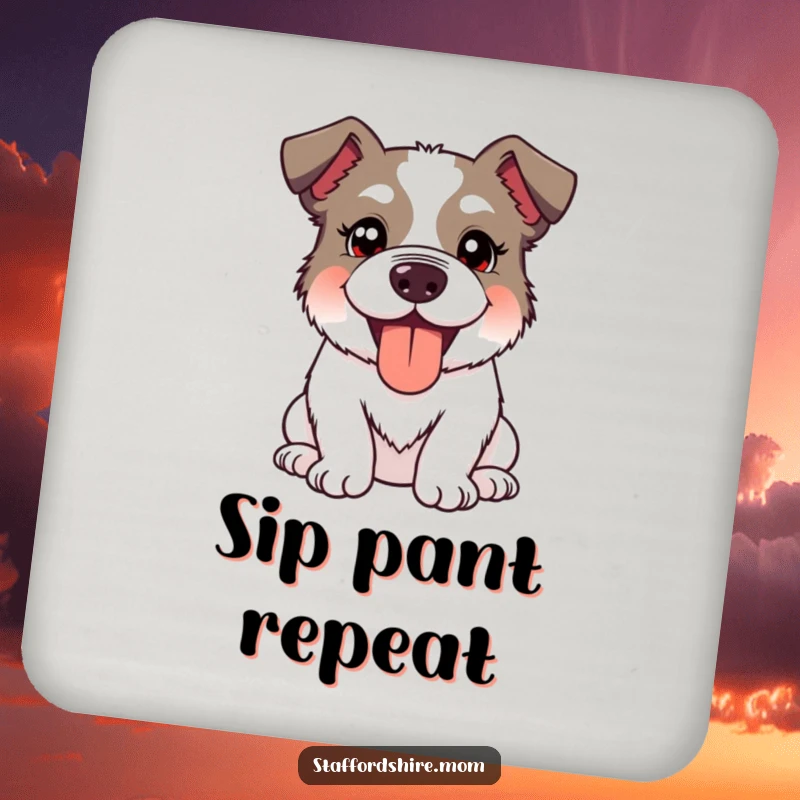 Funny Kawaii Staffordshire Dog Coaster featuring a cute dog with a silly, happy expression and panting tongue out, protective and amusing.