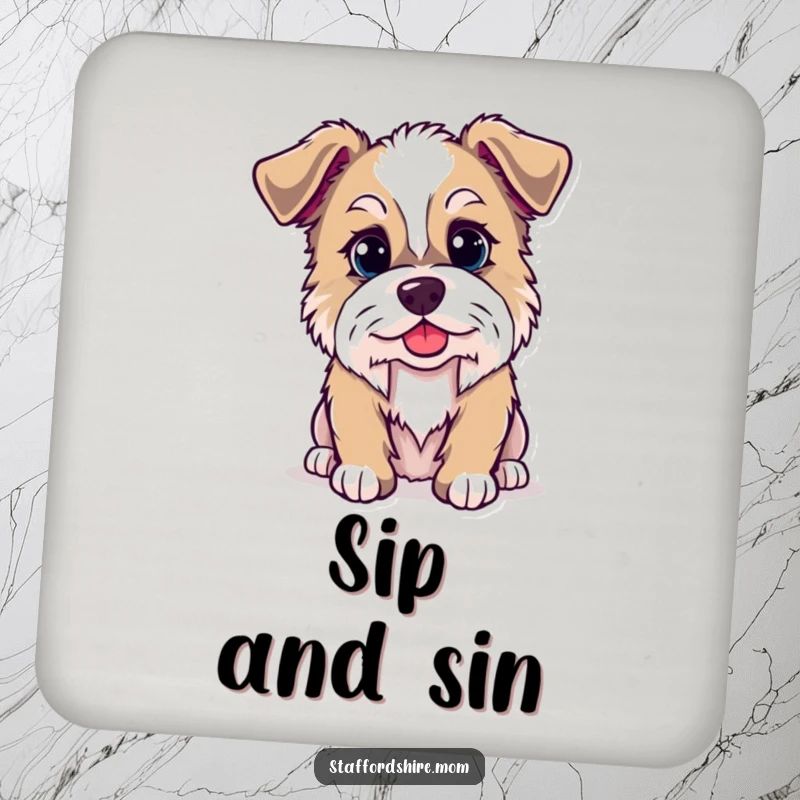 Funny Kawaii Staffordshire dog coaster, practical and cute, displaying a dog with a mischievous twinkle, ideal for protecting furniture.